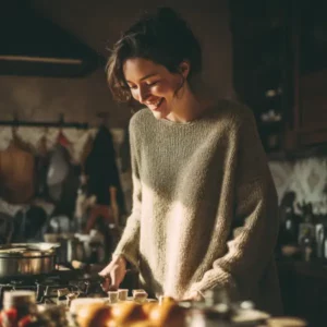 Olivia, a warm and friendly 38-year-old mom cooking a cozy family meal in her rustic kitchen, smiling while preparing daily recipes.