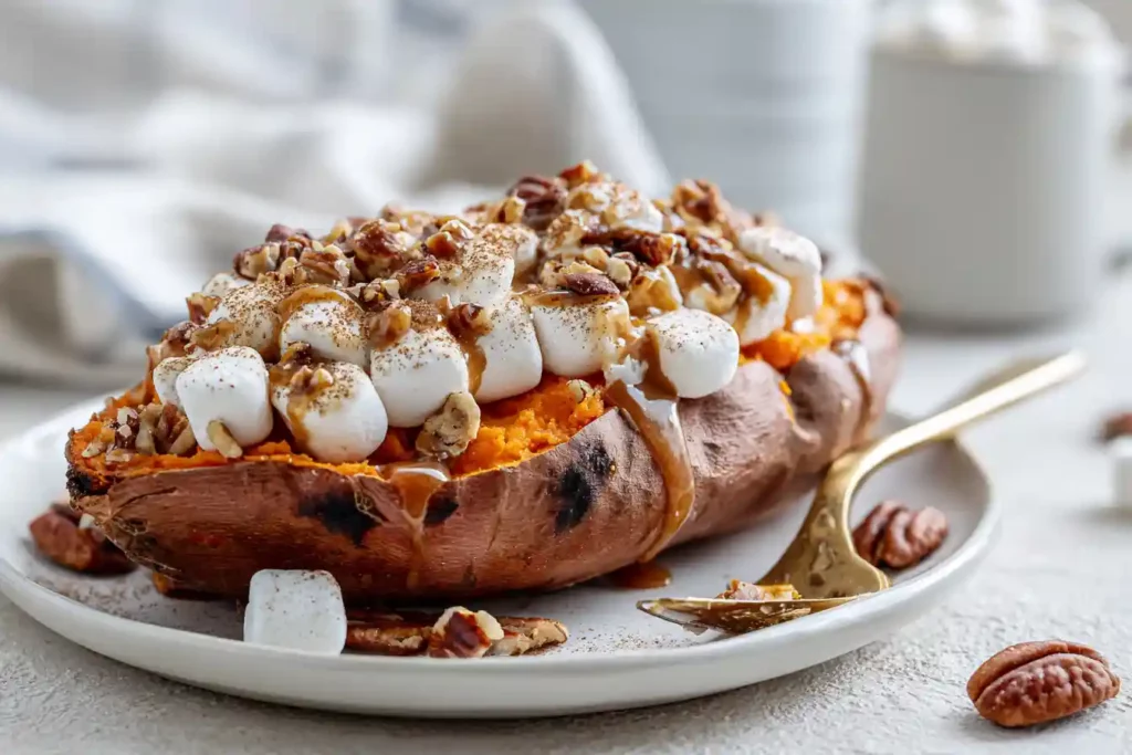 Texas Roadhouse Loaded Sweet Potato: A Comforting Classic Made Easy 5 Texas Roadhouse Loaded Sweet Potato served with melted marshmallows and pecans on a white plate